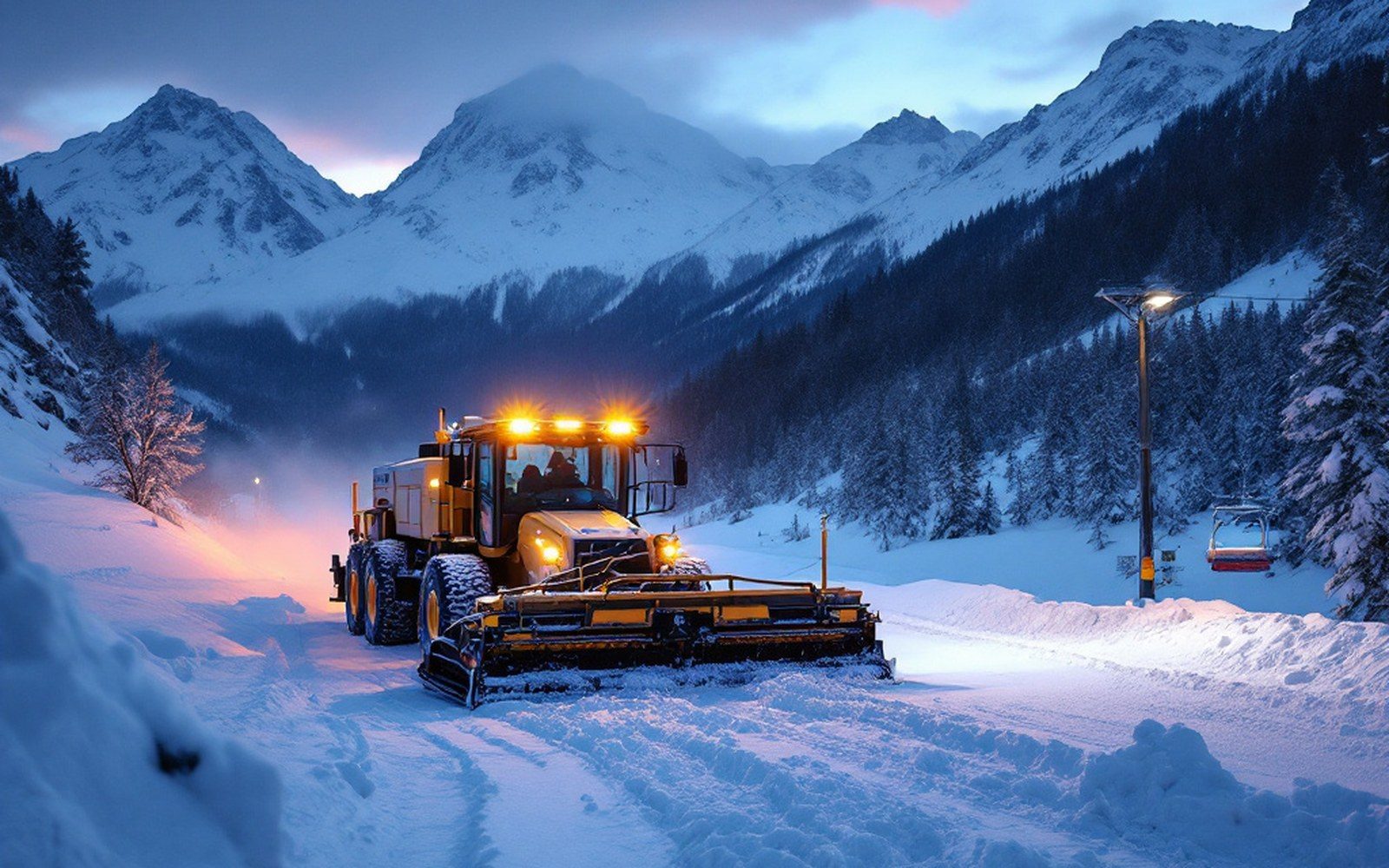 A snow groomer parked at dusk with its work lights on