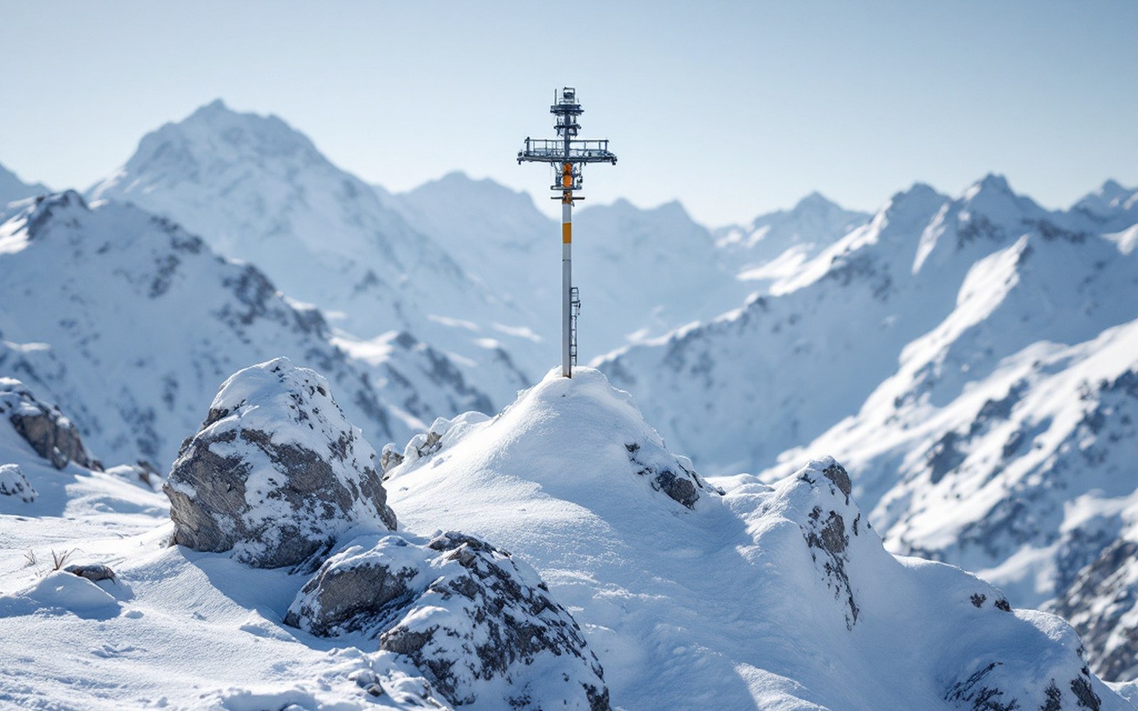 A snow stake and weather mast in open ground above the treeline, drifted at the base