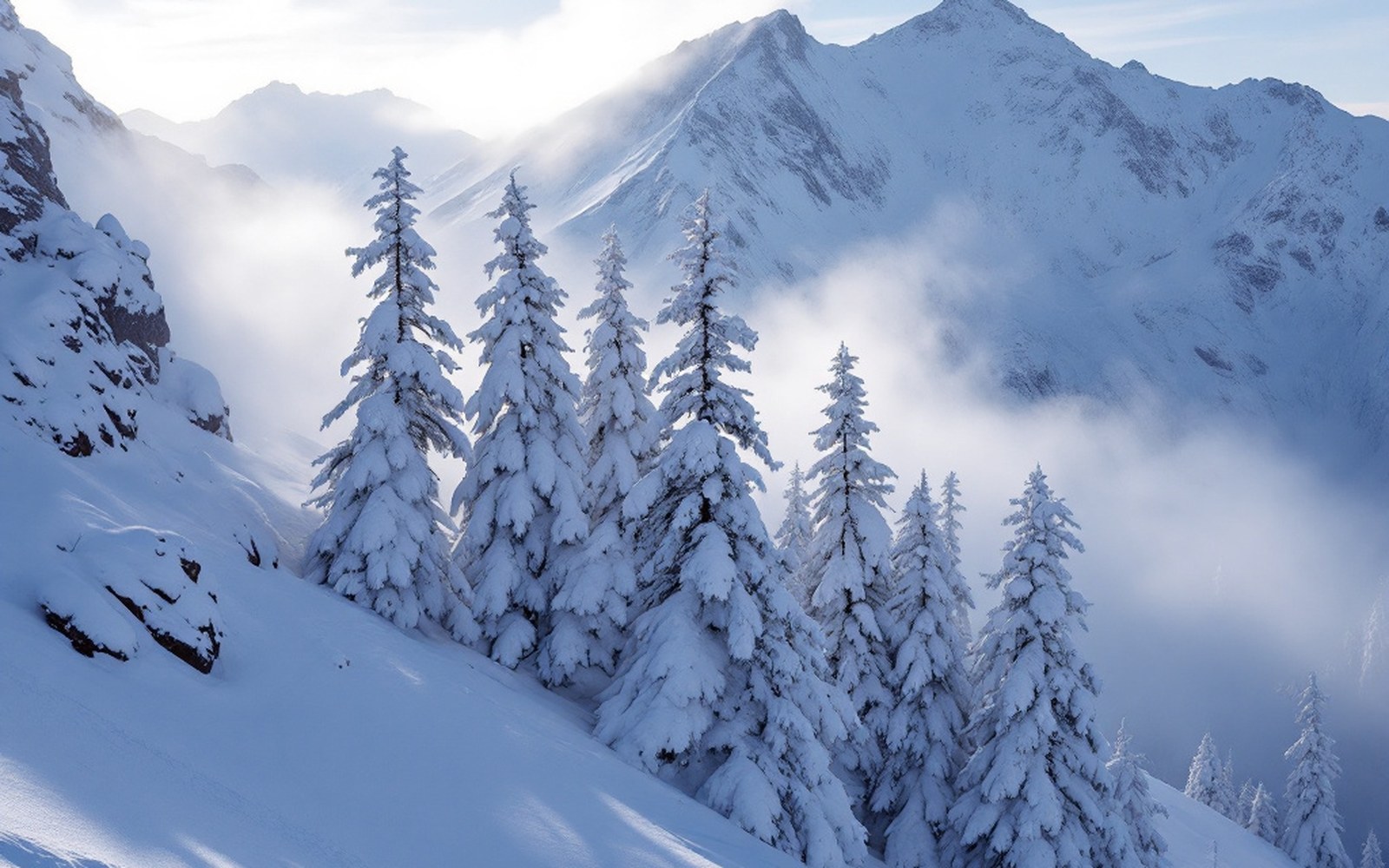 Monkey-puzzle araucaria trees standing in deep winter snow on a volcanic slope, steam rising behind a low ridge