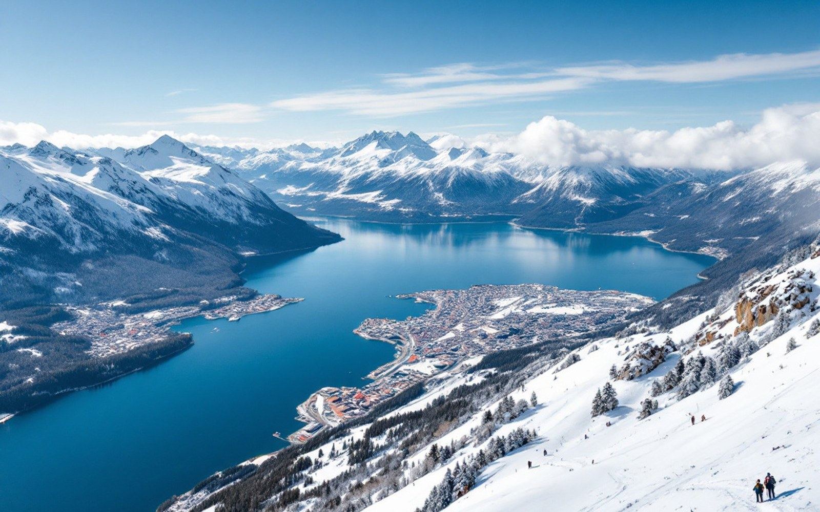 A large ski area above a deep blue lake, pistes cut through southern beech forest, a town on the shore far below