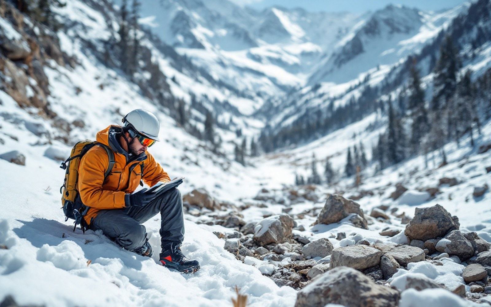 An adult technician reading a snow stake in open ground, notebook in hand