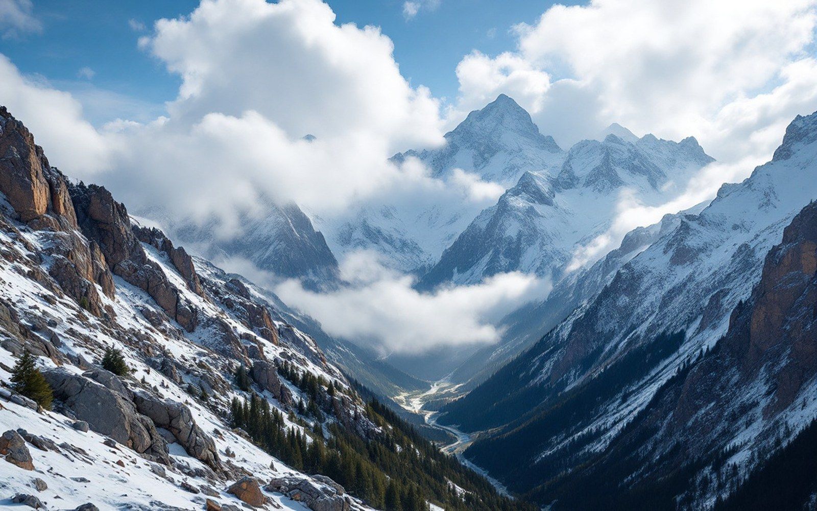 A long view down a mountain range under low cloud