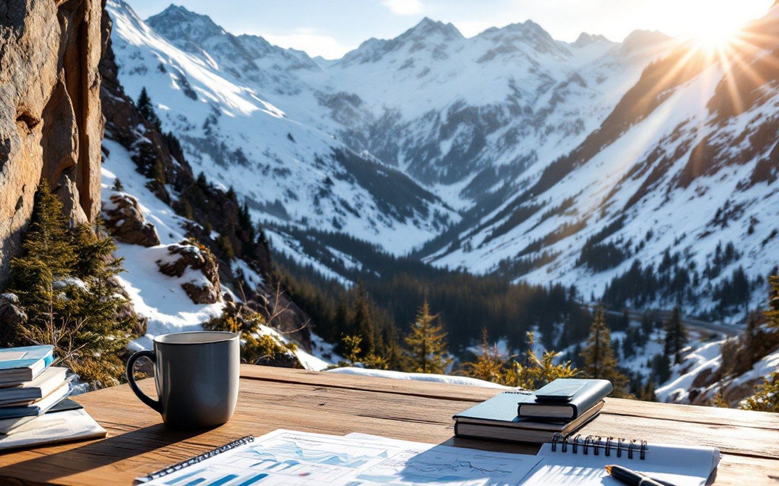 A hydrology office desk with printed charts and a mug