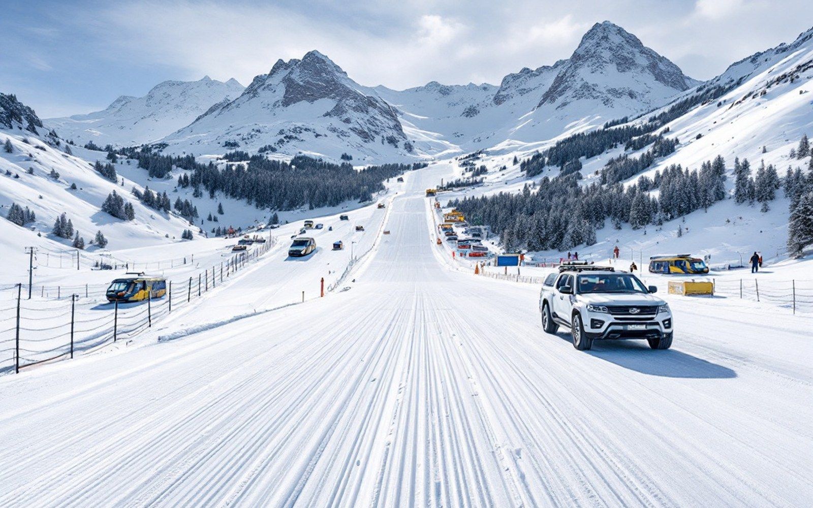 Race gates set on a groomed training piste, adult coaches at the side