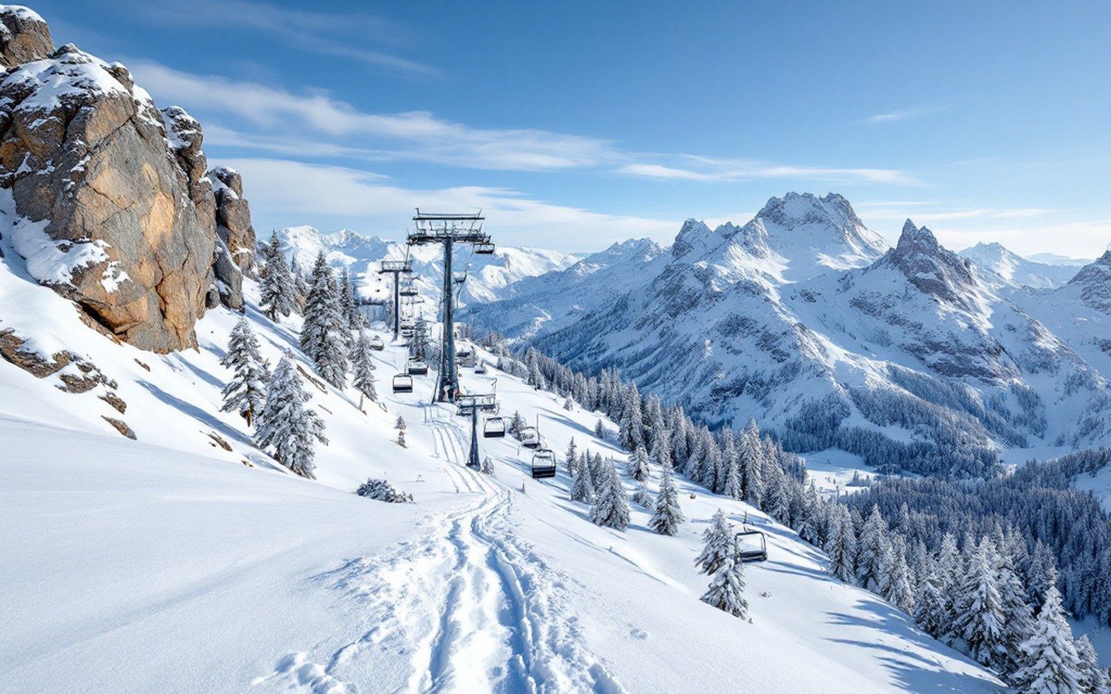 Looking up a line of chairlift towers against bare rock and wind-scoured snow, high above the treeline